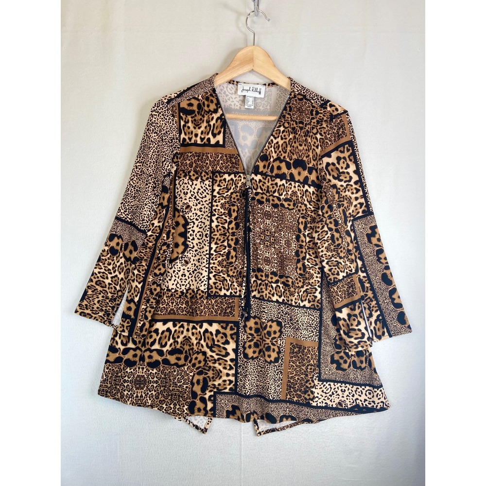 Joseph Ribkoff Mixed Leopard Animal Print Zip V-Neck Tunic Top Brown Tan Size 10